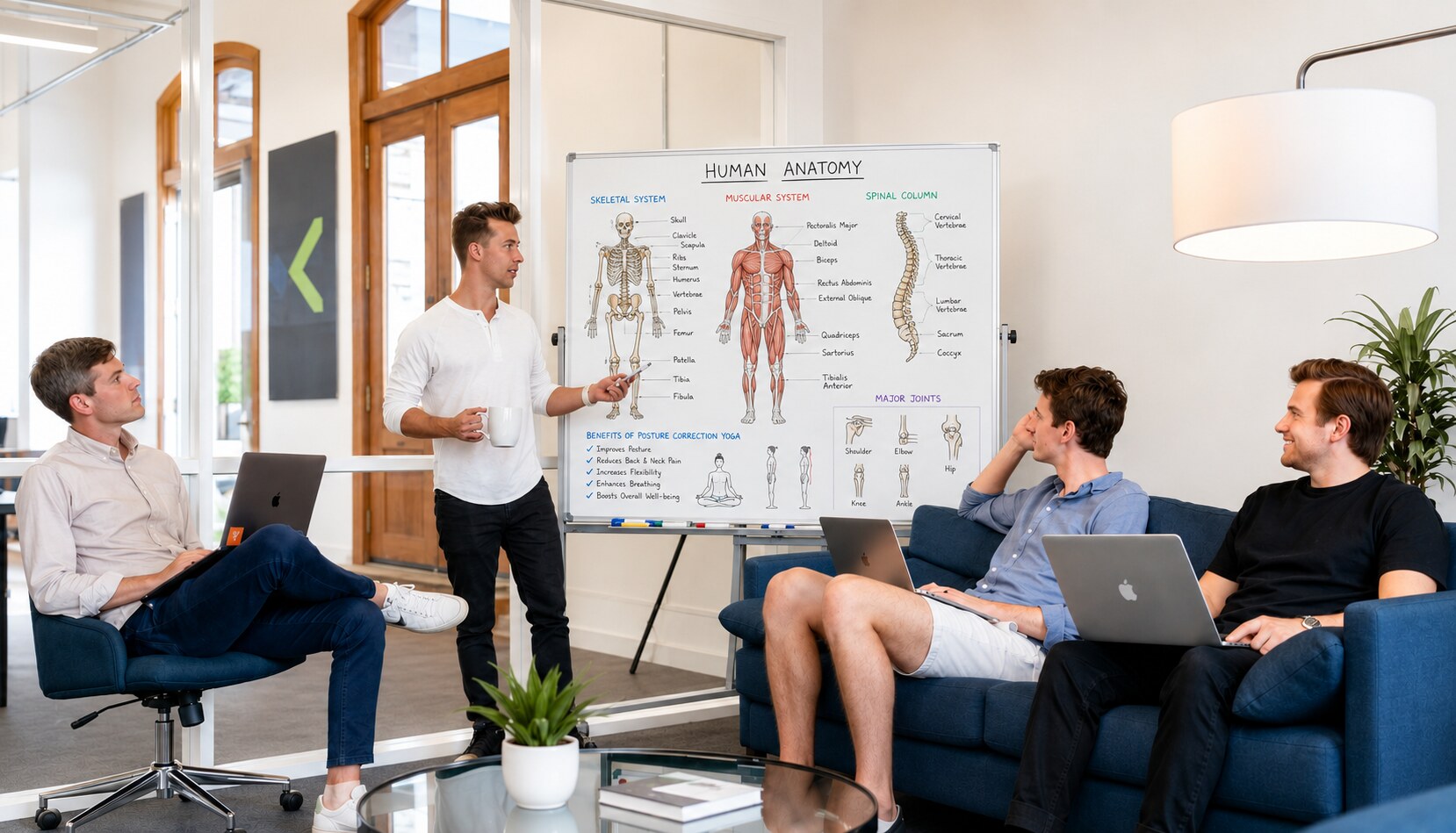 Instructor explaining anatomy and posture correction using reference posters