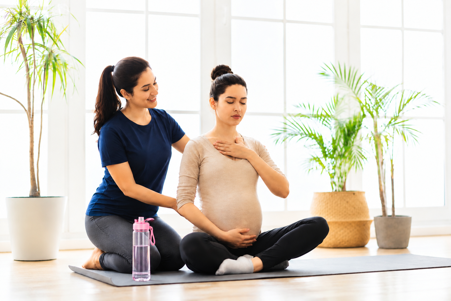 Expecting mother practicing gentle prenatal yoga at home